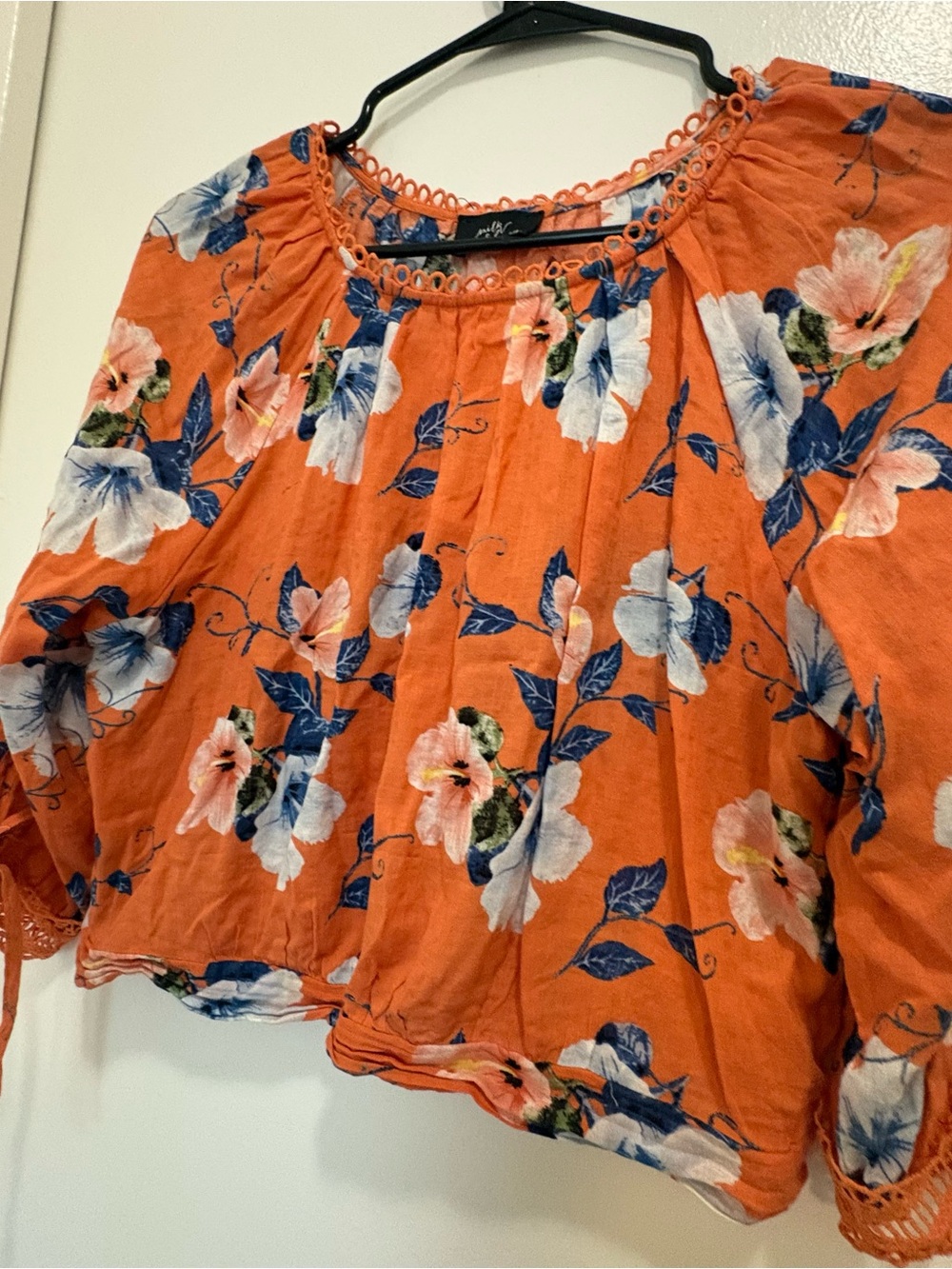Crochet-Trim Floral Blouse in Orange